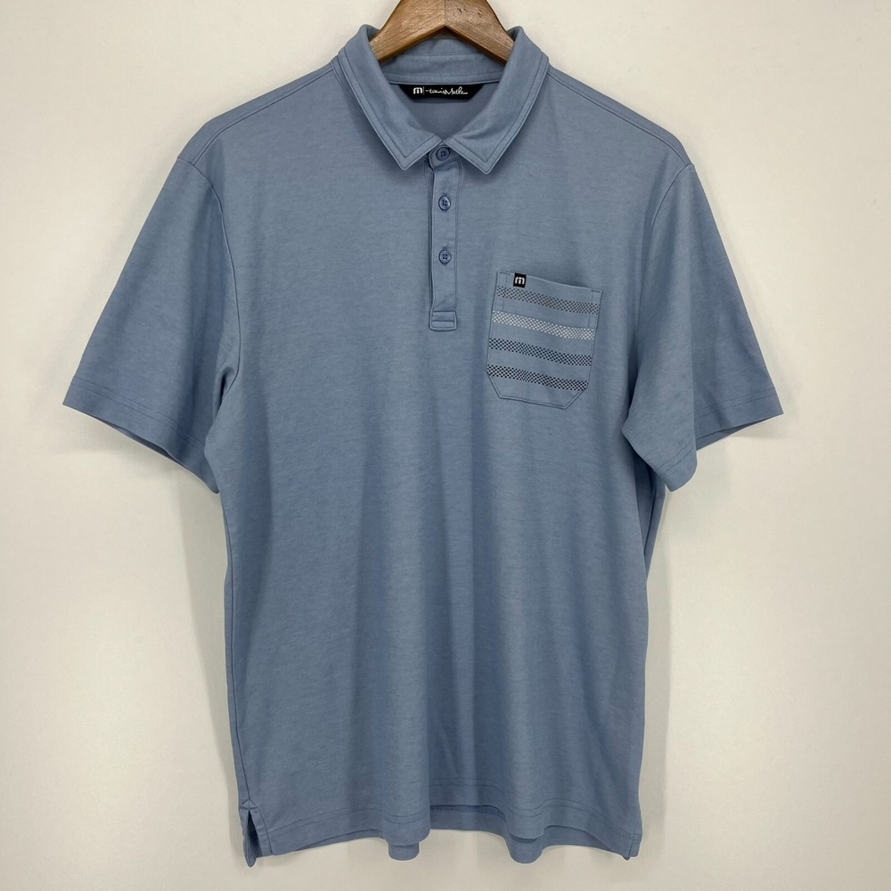 Travis Mathew Mens Blue Short Sleeve Pique Polo Shirt Striped Pocket Size L